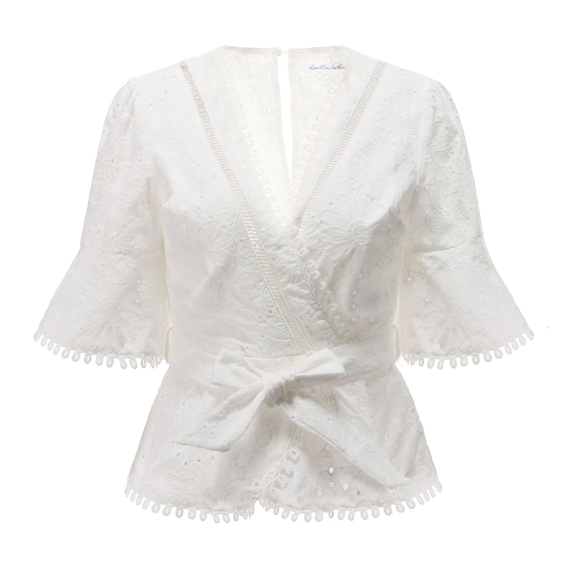 Vintage V-neck Hollow-out Lace Blouses Crop Tops