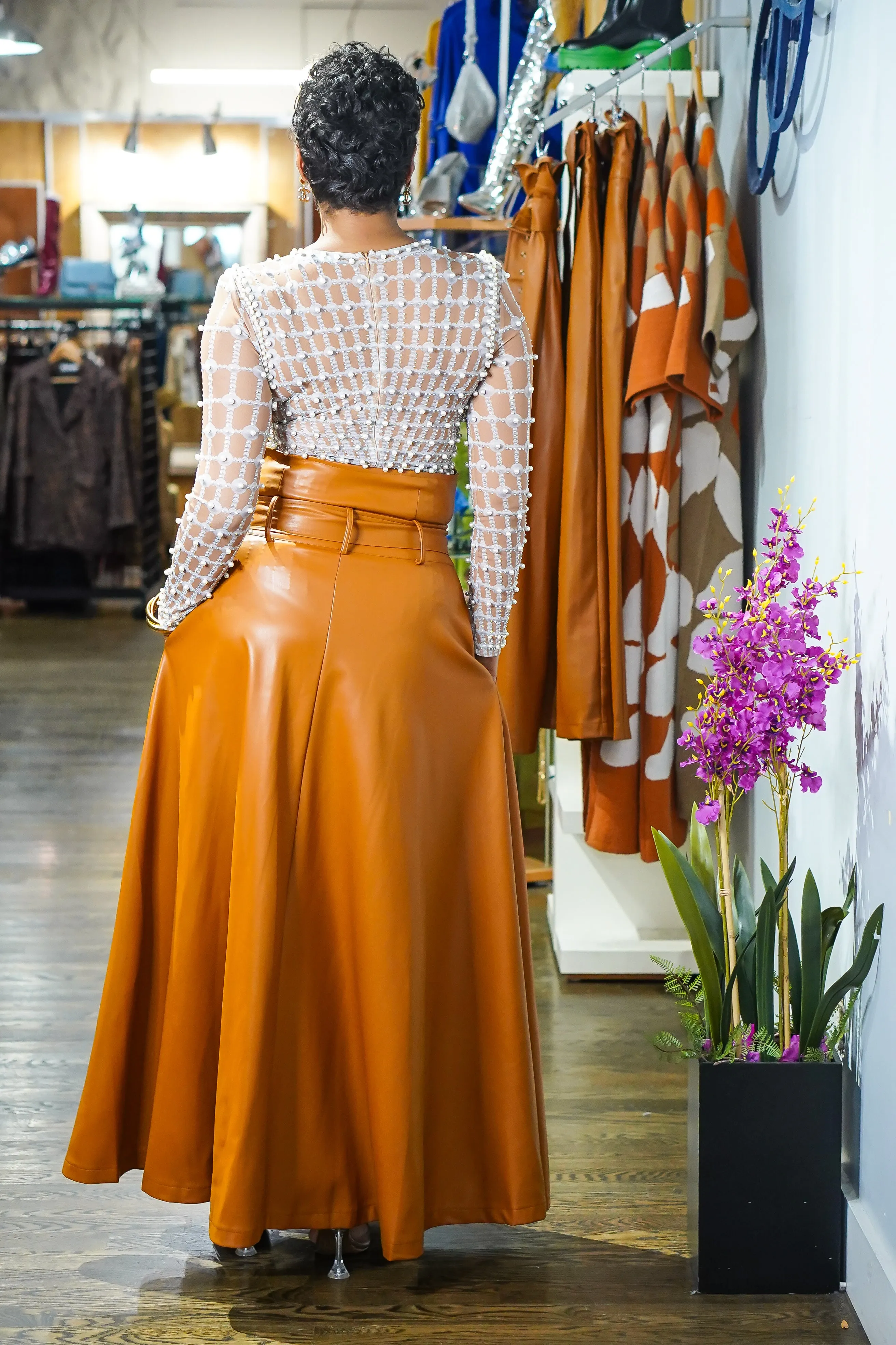 Walk in Drama High Waisted Faux Leather Skirt (Caramel)