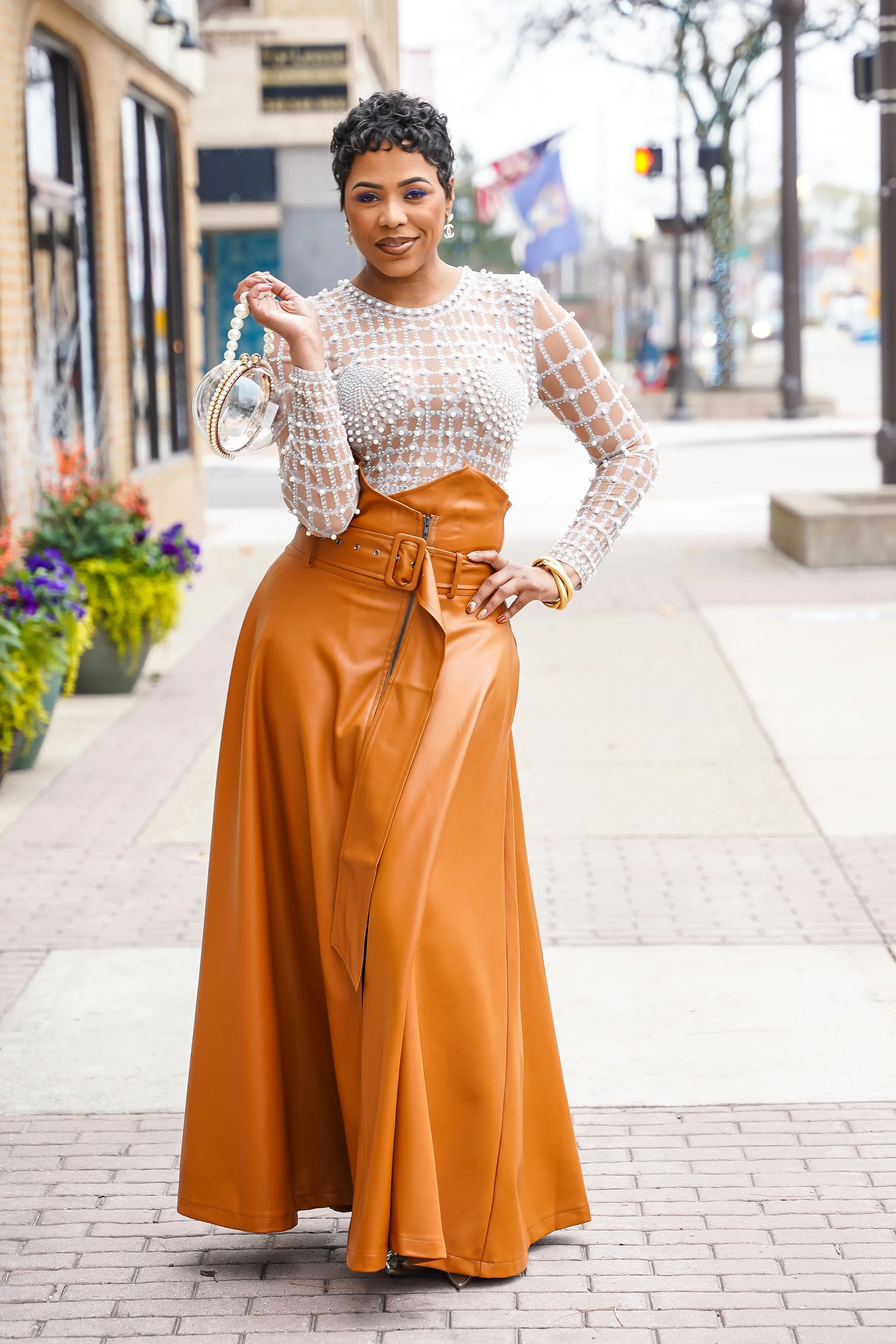 Walk in Drama High Waisted Faux Leather Skirt (Caramel)
