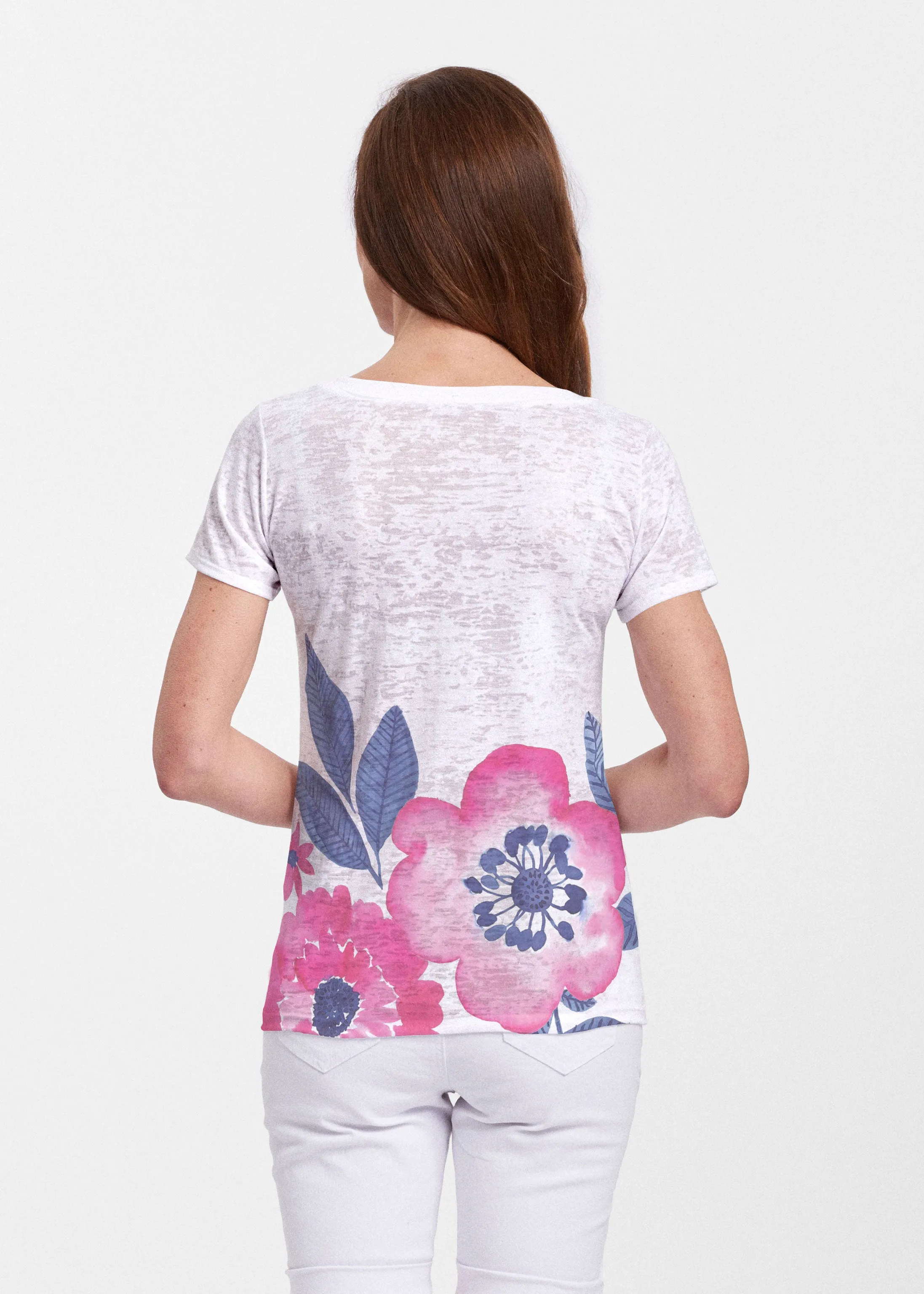 Watercolor Blooms (13355) ~ Sheer Short Sleeve V-Neck Shirt