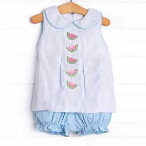 Watermelon Whimsy Embroidered Bloomer Set, Blue