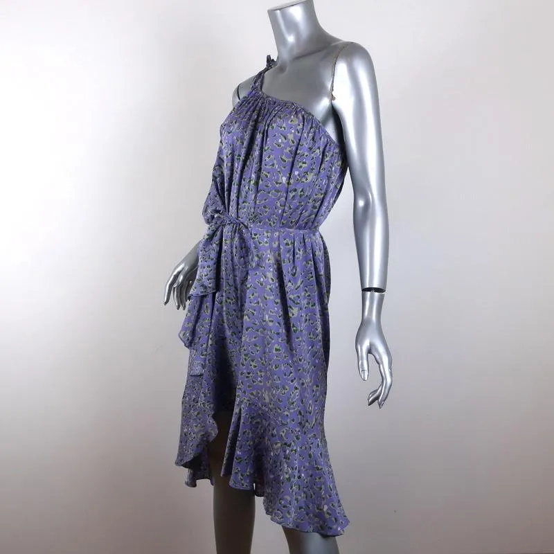 Watson X Watson One Shoulder Dress Purple Leopard Print Ruffled Silk Size 8