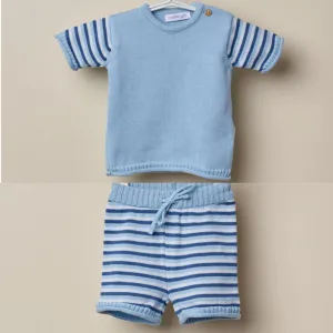 Wedoble Blue Striped Boys Fine Knit Shorts Set