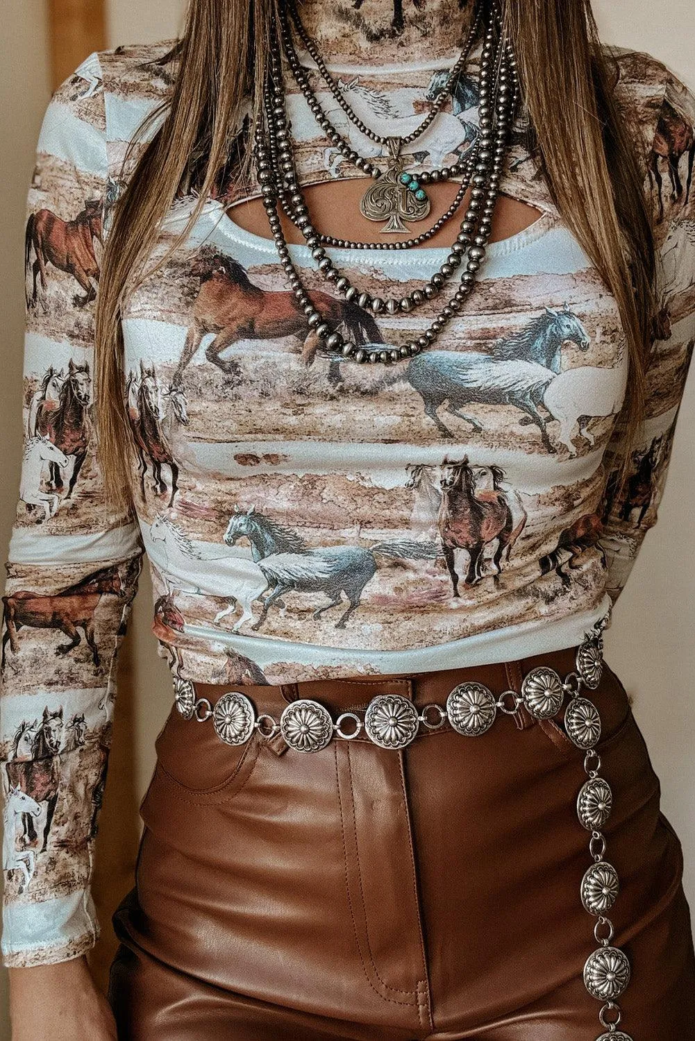 Western Wild Horses Print Hollow-out Long Sleeve Top