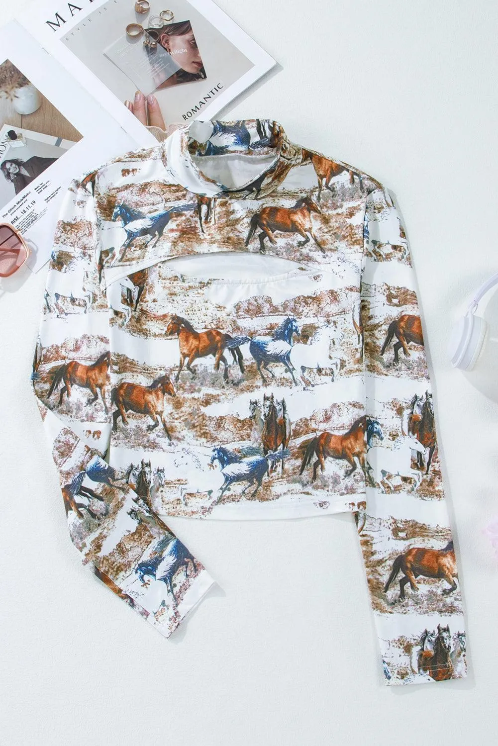 Western Wild Horses Print Hollow-out Long Sleeve Top