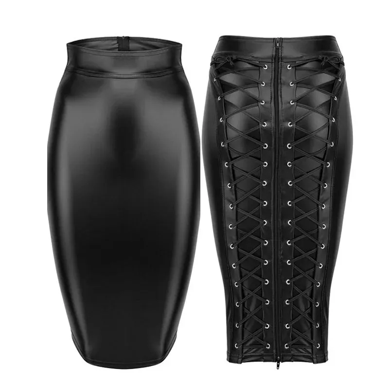 Wetlook Vinyl Leather Black Women Skirt Zipper Back Pencil Club Nightclub High Waist Bodycon Skirt Summer Sexy Latex Skirt