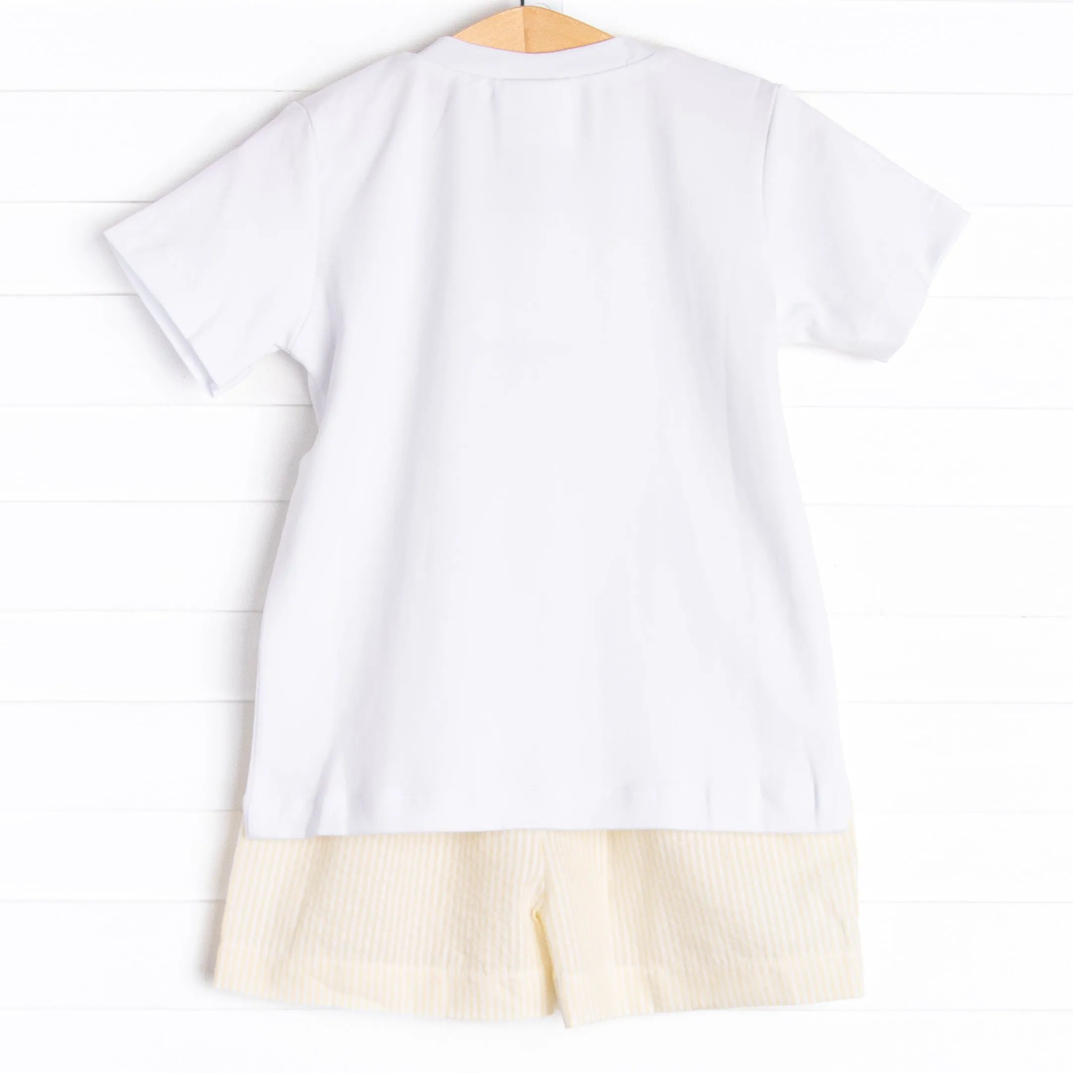Whale's Tail Smocked Short Set, Yellow Seersucker