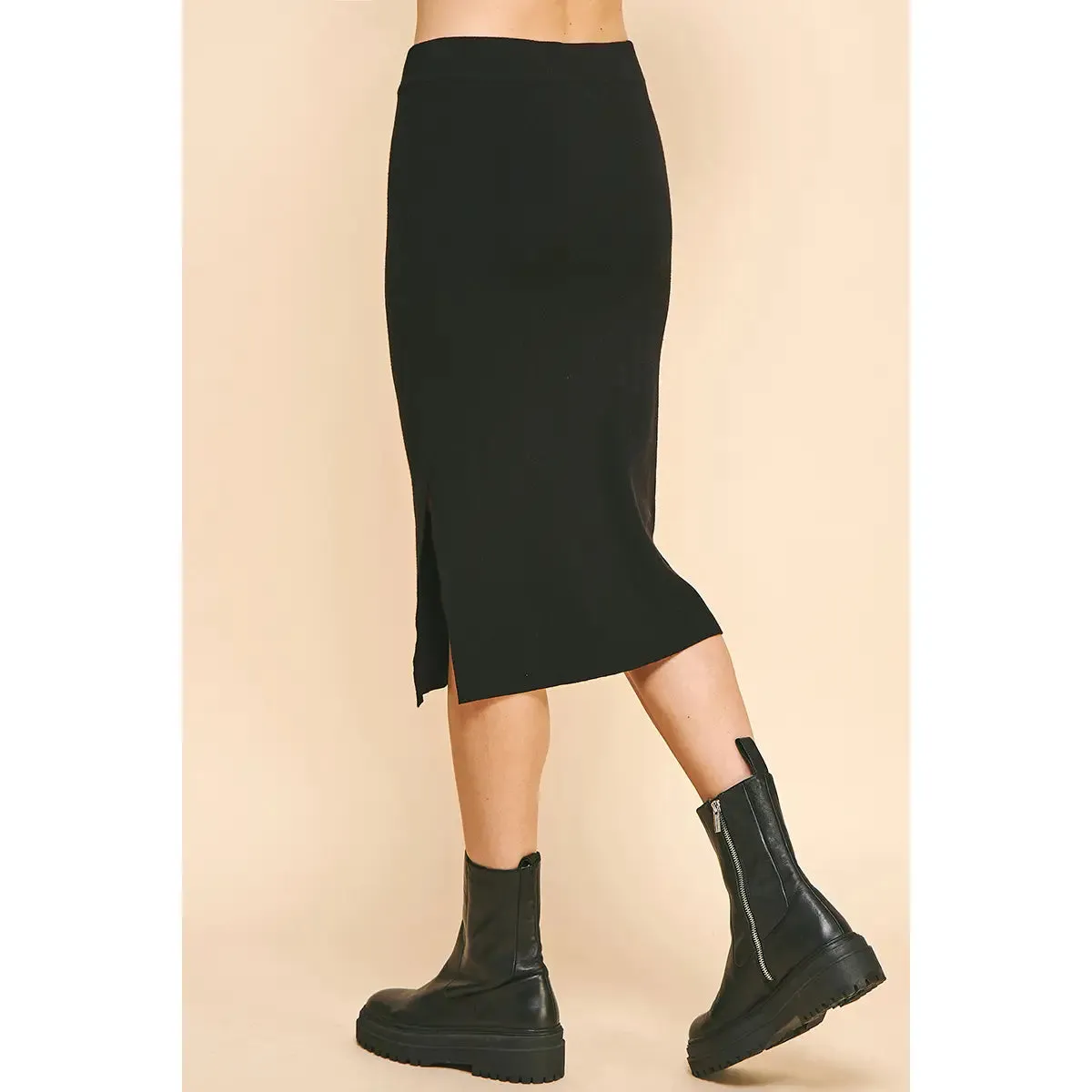 Where You Are Side Slit Sweater Midi Skirt - Black