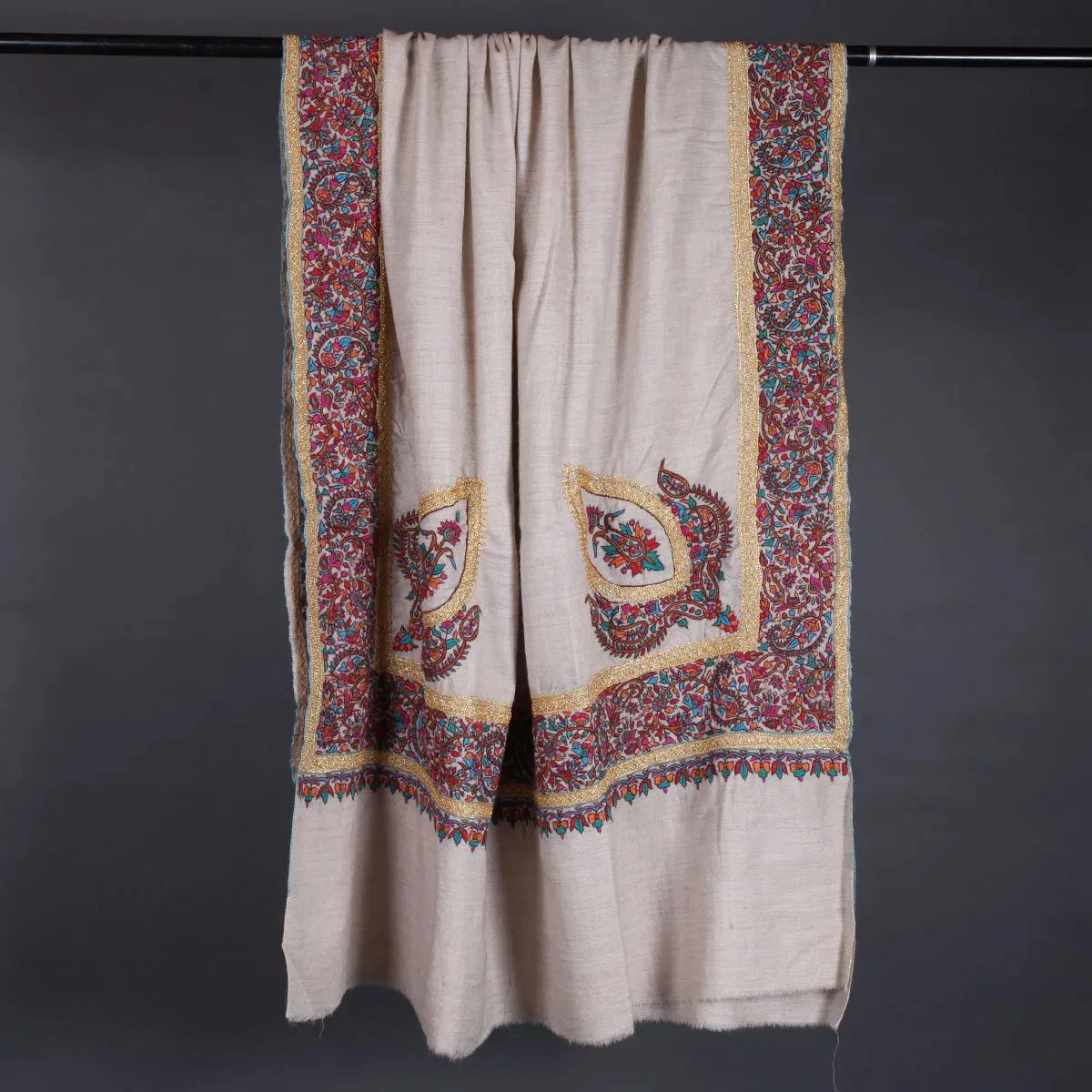 White Base Hand Tilla & Sozni Embroidered Pashmina Shawl