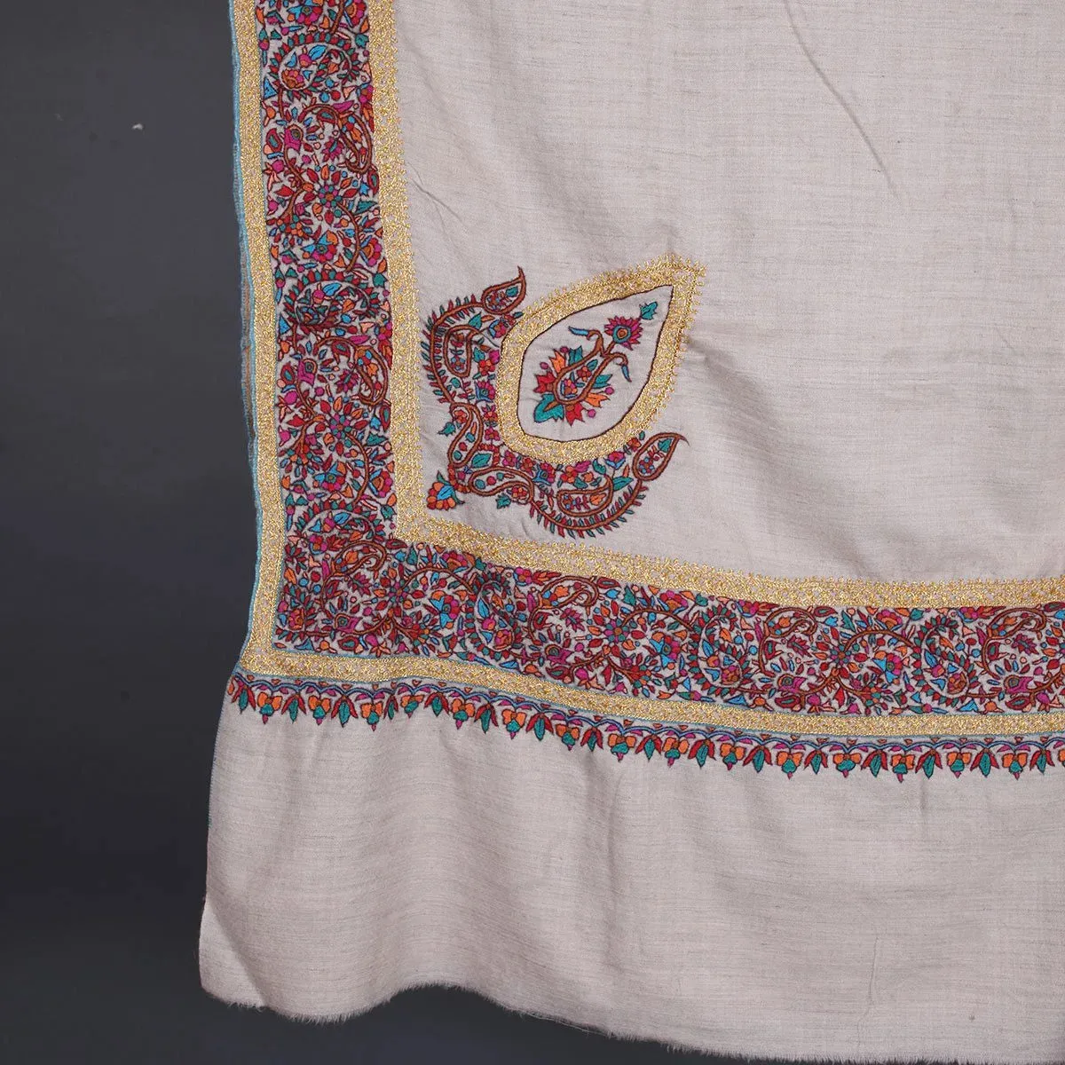 White Base Hand Tilla & Sozni Embroidered Pashmina Shawl