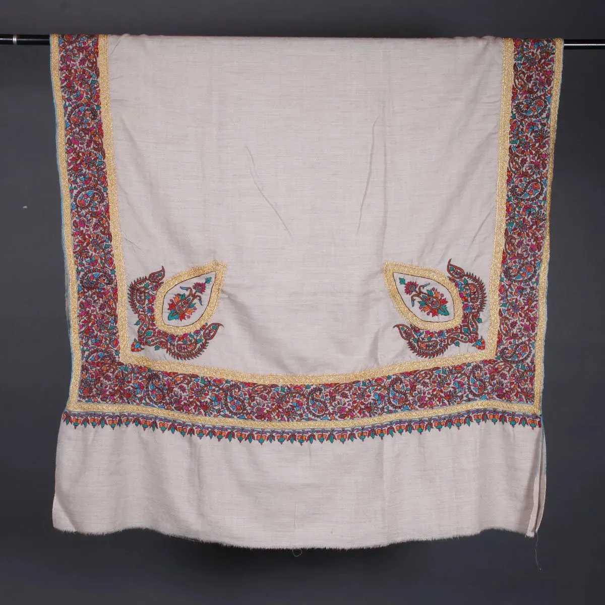 White Base Hand Tilla & Sozni Embroidered Pashmina Shawl