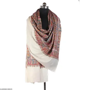 White Base  Sozni Embroidered Cashmere Pashmina Jamawar Shawl