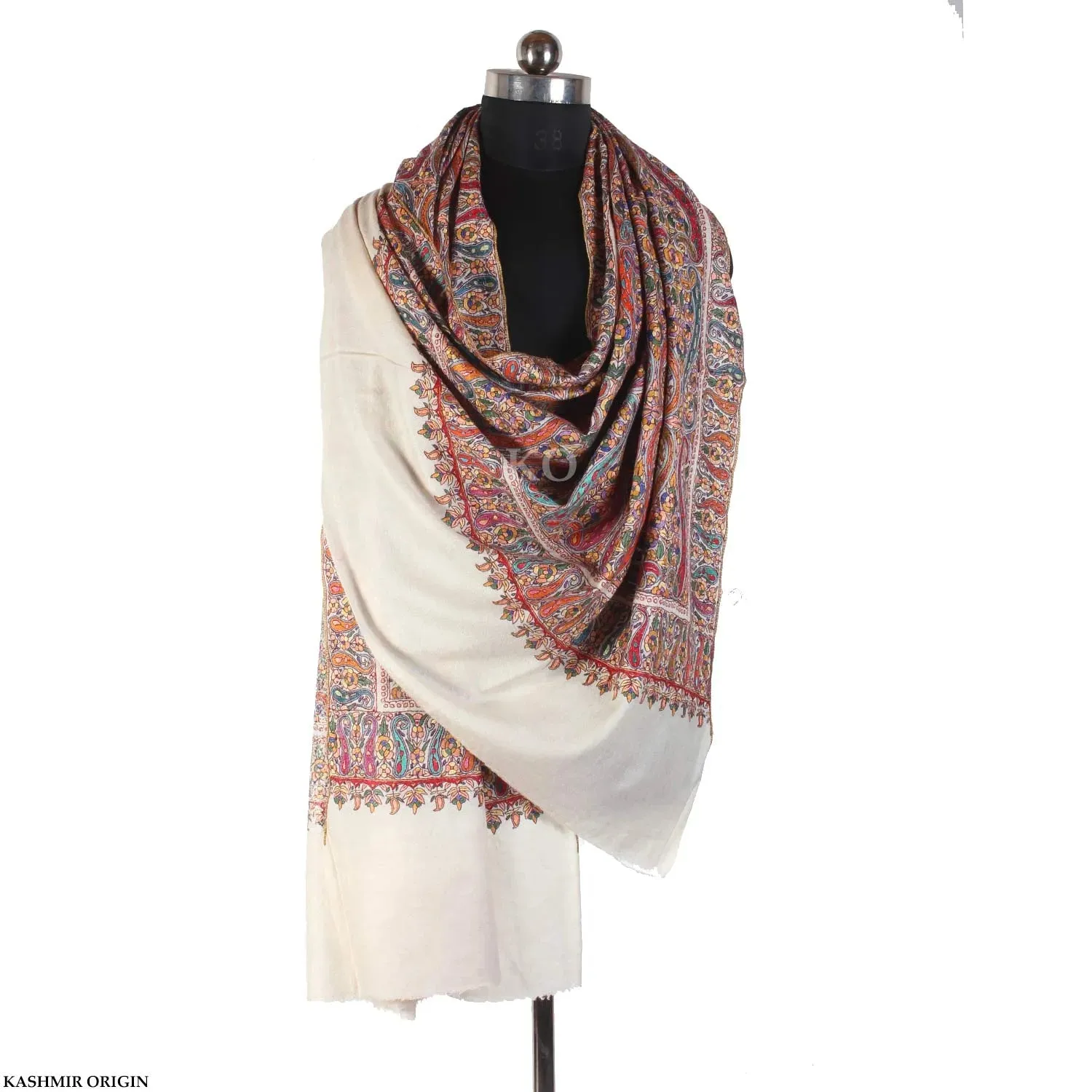 White Base  Sozni Embroidered Cashmere Pashmina Jamawar Shawl