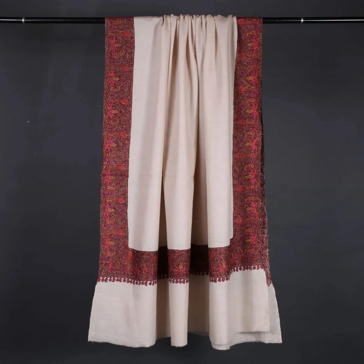 White Base Sozni Embroidered Dordar Pashmina Shawl