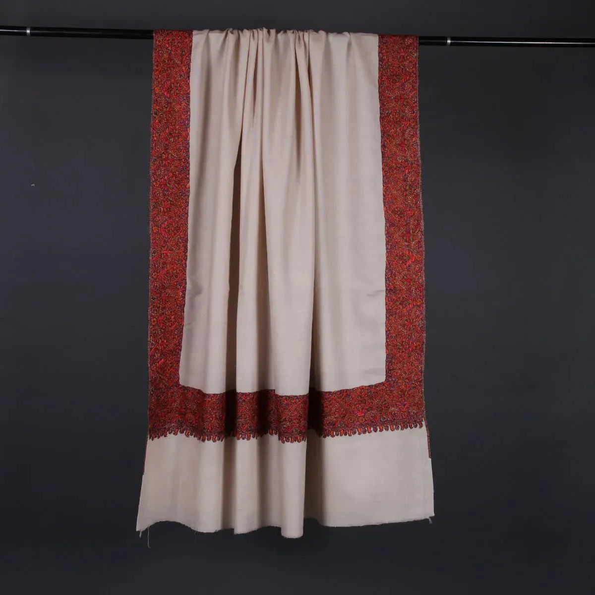 White Base Sozni Embroidered Dordar Pashmina Shawl