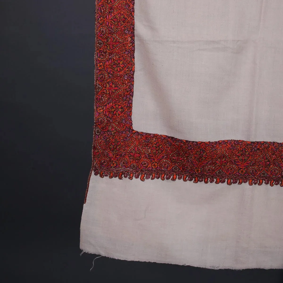 White Base Sozni Embroidered Dordar Pashmina Shawl