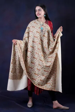 White Base  Sozni Embroidered Pasley Handwoven Jamawar Pashmina Shawl