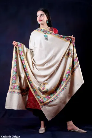 White Base Tilla and Sozni Embroidered Handwoven Pashmina Shawl