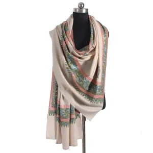 White Base Zari and sozni Embroidered Cashmere Pashmina Shawl