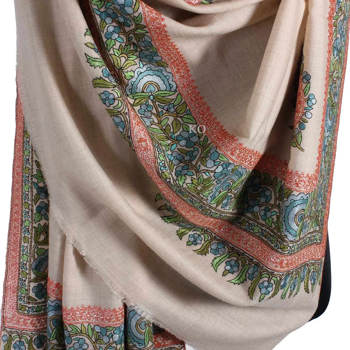 White Base Zari and sozni Embroidered Cashmere Pashmina Shawl
