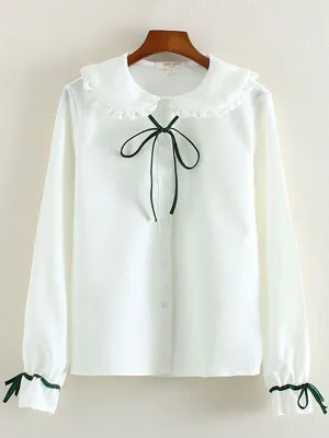 White Bow Ruched Cotton Lolita Shirt for Women