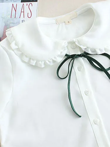 White Bow Ruched Cotton Lolita Shirt for Women