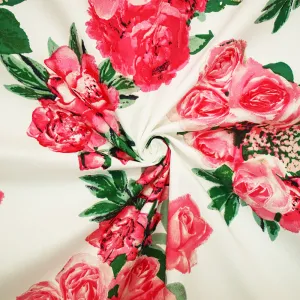 White-Coral Pink-Multi Cotton Floral Print Stretch Spandex Poplin Fabric