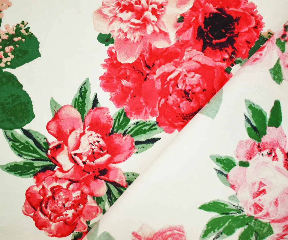White-Coral Pink-Multi Cotton Floral Print Stretch Spandex Poplin Fabric
