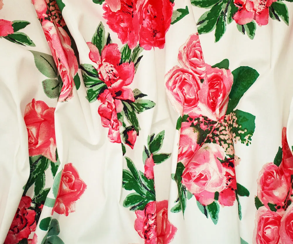 White-Coral Pink-Multi Cotton Floral Print Stretch Spandex Poplin Fabric