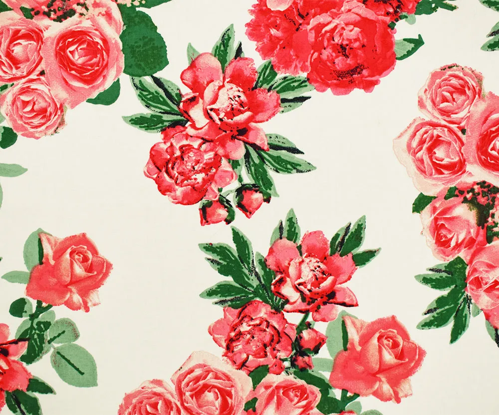 White-Coral Pink-Multi Cotton Floral Print Stretch Spandex Poplin Fabric