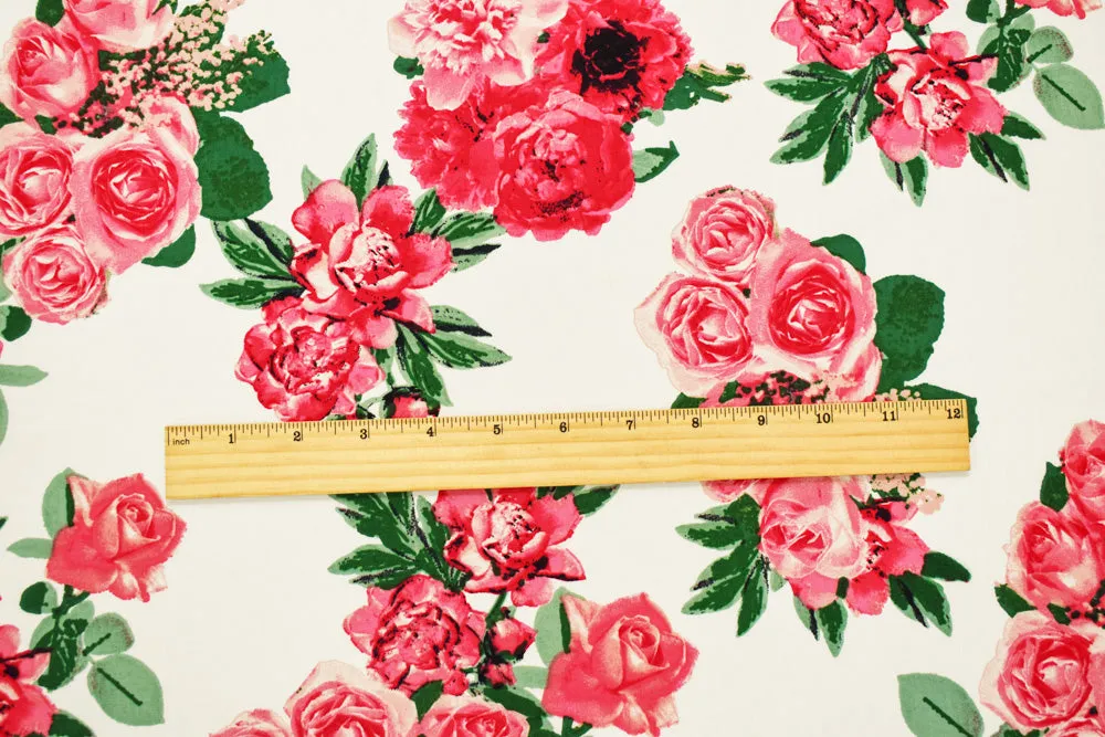 White-Coral Pink-Multi Cotton Floral Print Stretch Spandex Poplin Fabric
