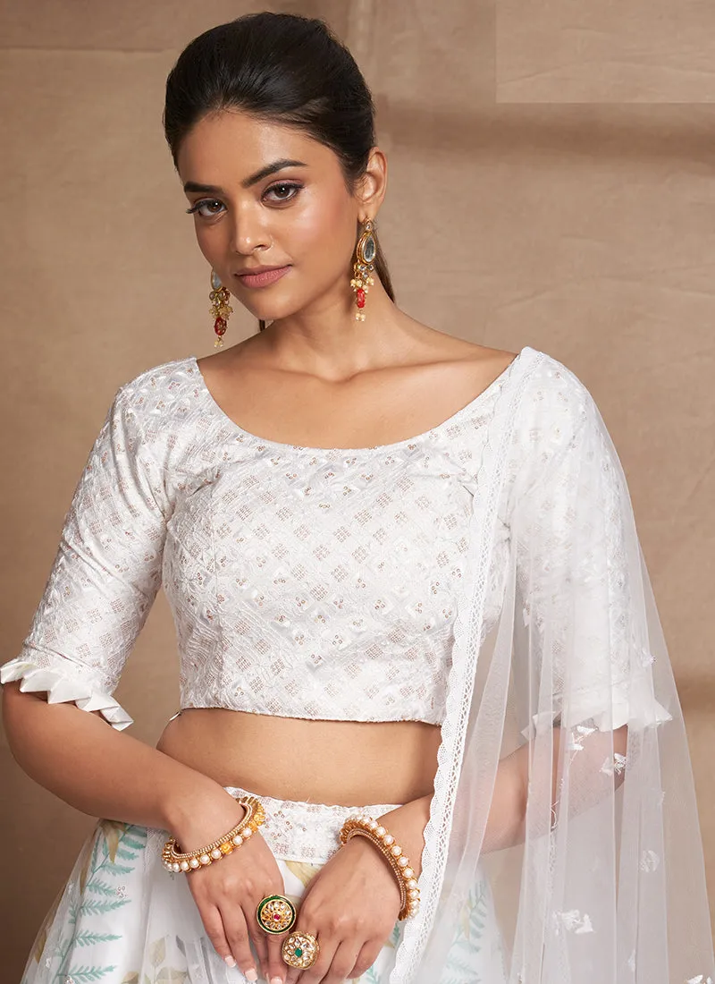 White Floral Print And Sequence Embroidery Ruffled Lehenga Choli