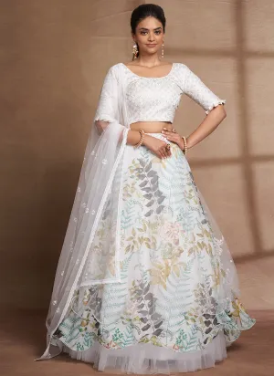 White Floral Print And Sequence Embroidery Ruffled Lehenga Choli