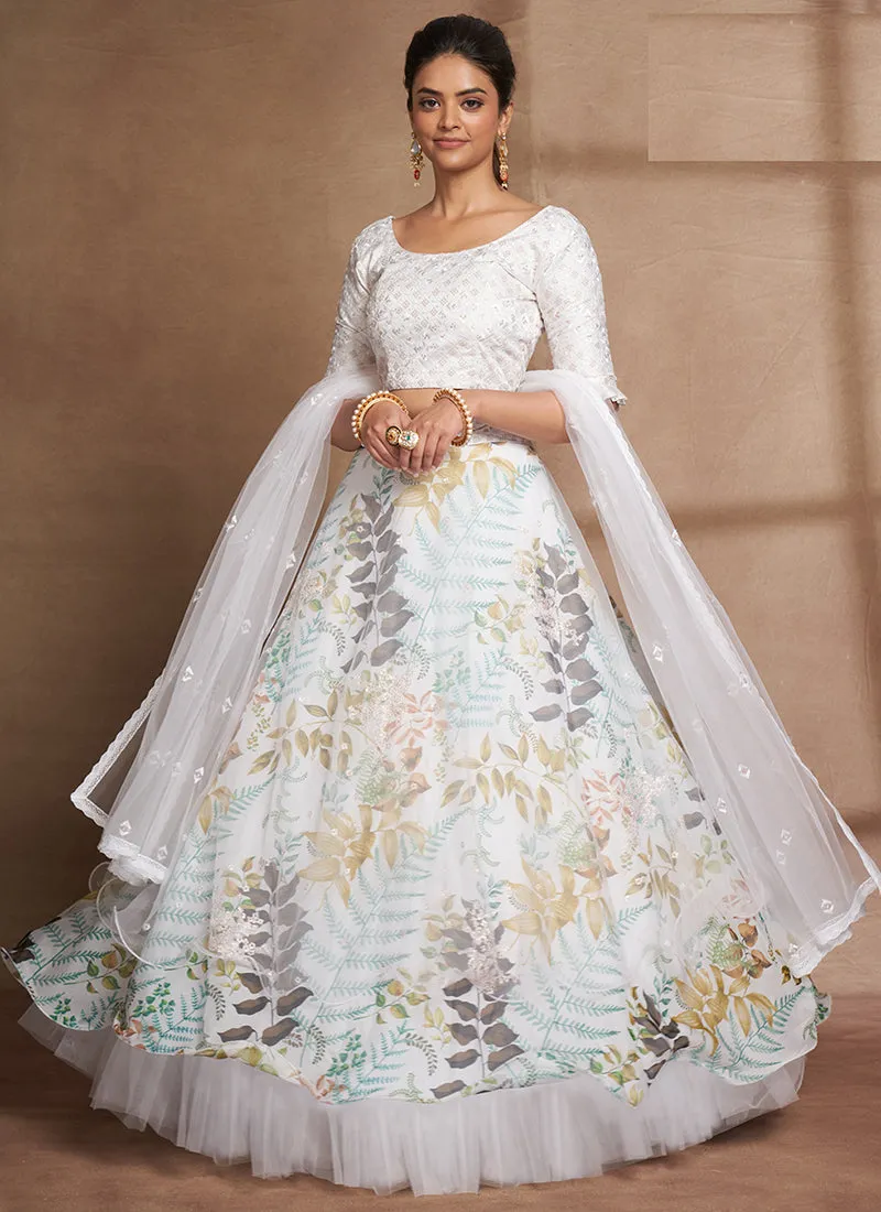 White Floral Print And Sequence Embroidery Ruffled Lehenga Choli