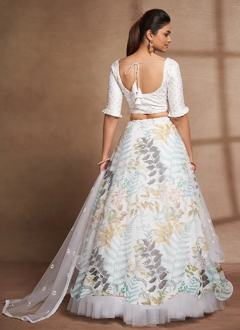 White Floral Print And Sequence Embroidery Ruffled Lehenga Choli