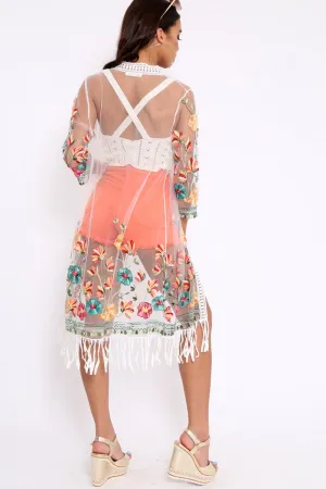 White Floral Sheer Tassel Trim kimono - Jaxon