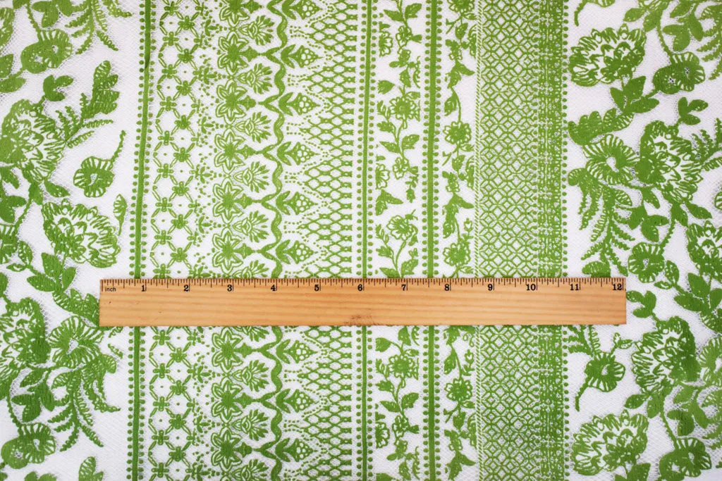 White-Green Nylon Cotton Floral Stripe Printed Mesh Tulle Knit Fabric