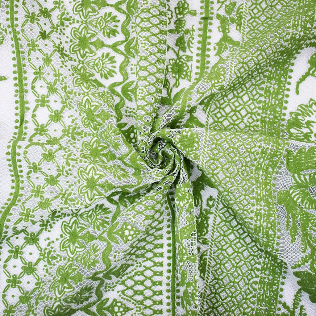 White-Green Nylon Cotton Floral Stripe Printed Mesh Tulle Knit Fabric