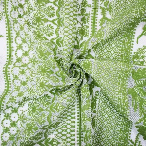 White-Green Nylon Cotton Floral Stripe Printed Mesh Tulle Knit Fabric