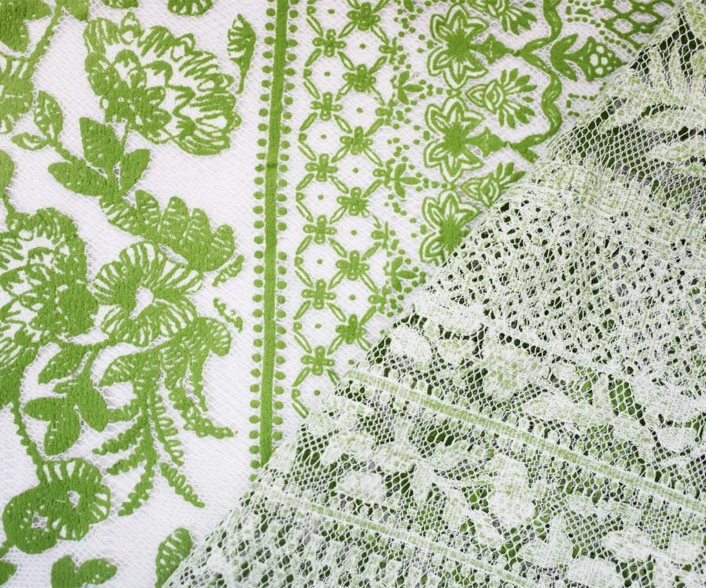 White-Green Nylon Cotton Floral Stripe Printed Mesh Tulle Knit Fabric