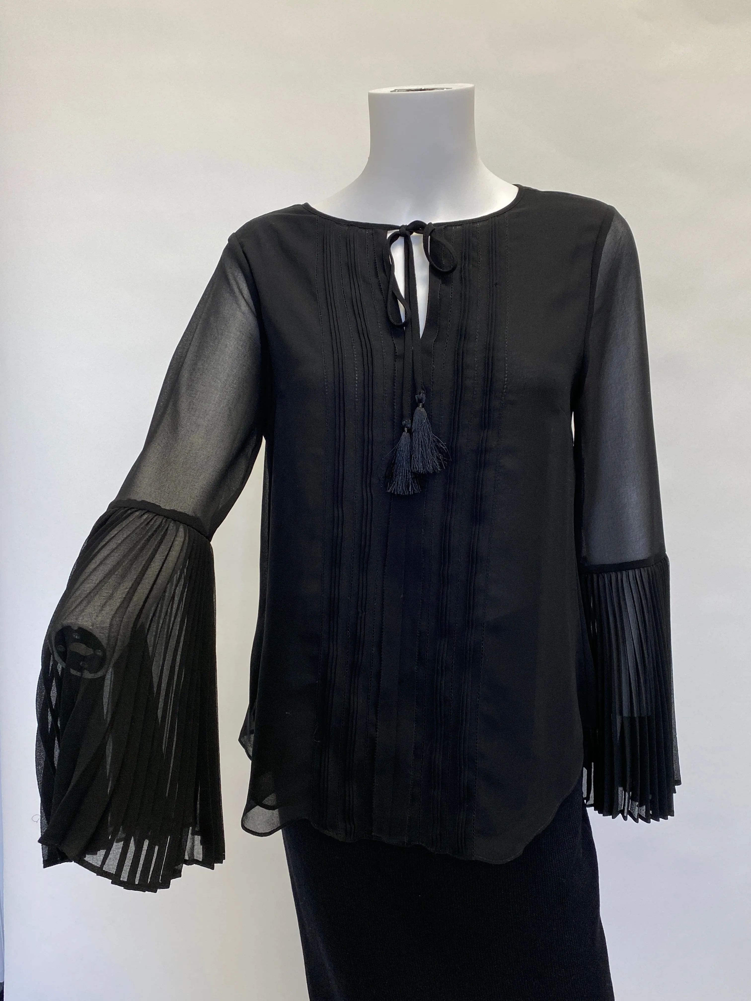 White House Black Market Black Long Sleeve Sheer Blouse with Belle Sleeve