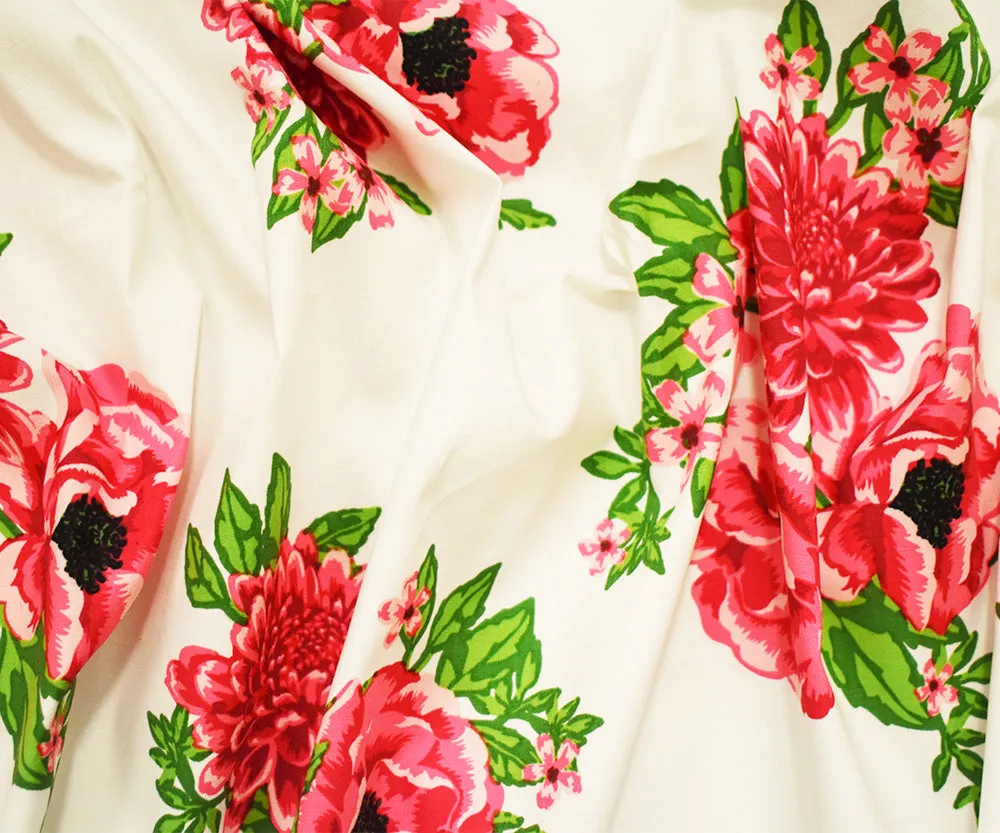 White-Pink-Multi Cotton Floral Print Stretch Spandex Poplin Woven Fabric
