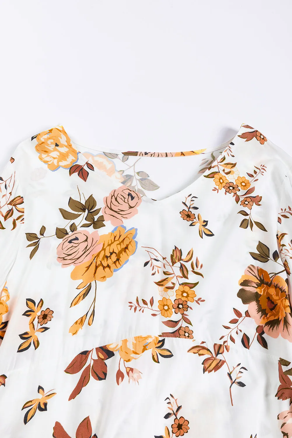 White Printed Floral Print Layered Sleeve Mini Dress