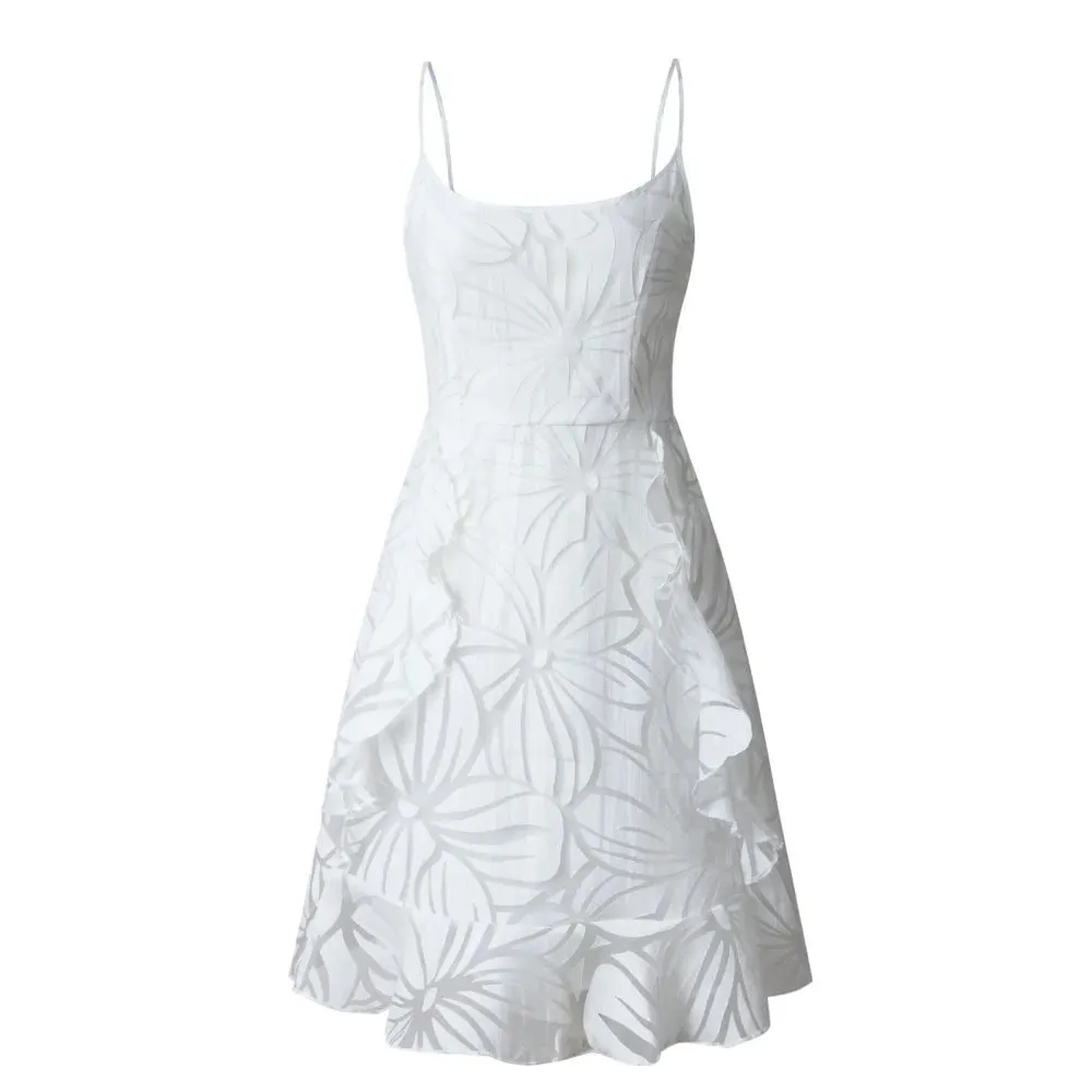 White Printed Ruffles Spaghetti Strap Short Dress