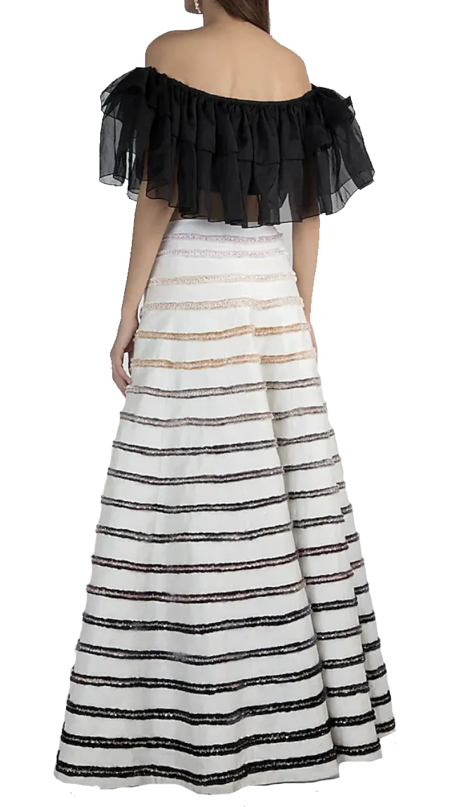 White Striped Skirt With Off-Shoulder Ruffled Top