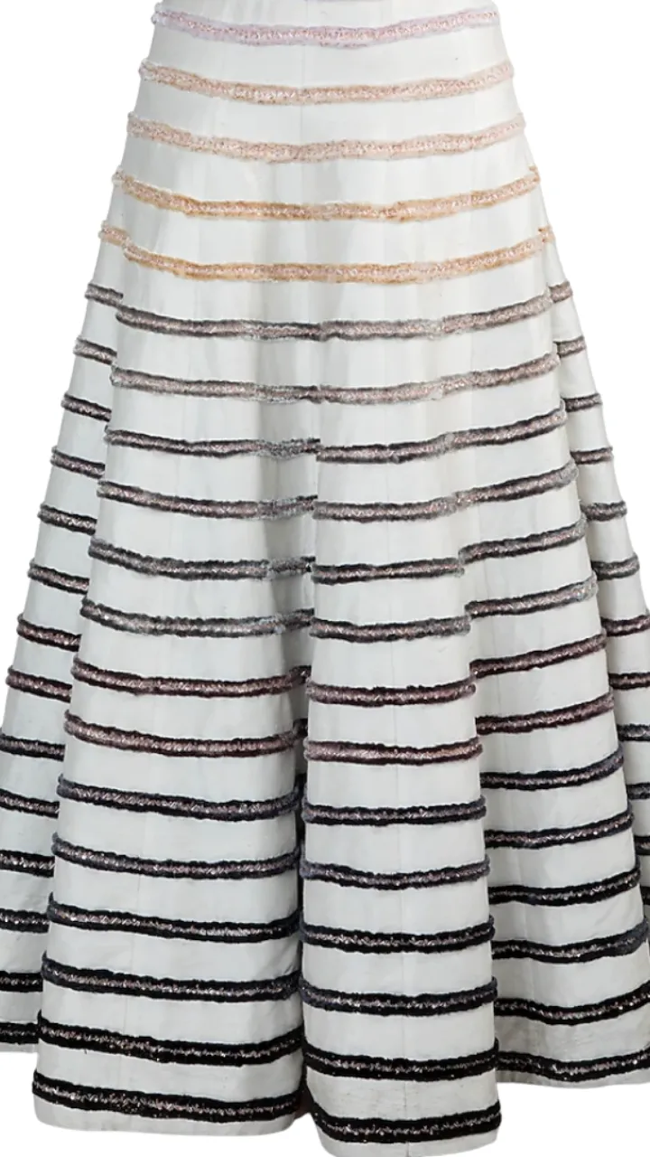 White Striped Skirt With Off-Shoulder Ruffled Top