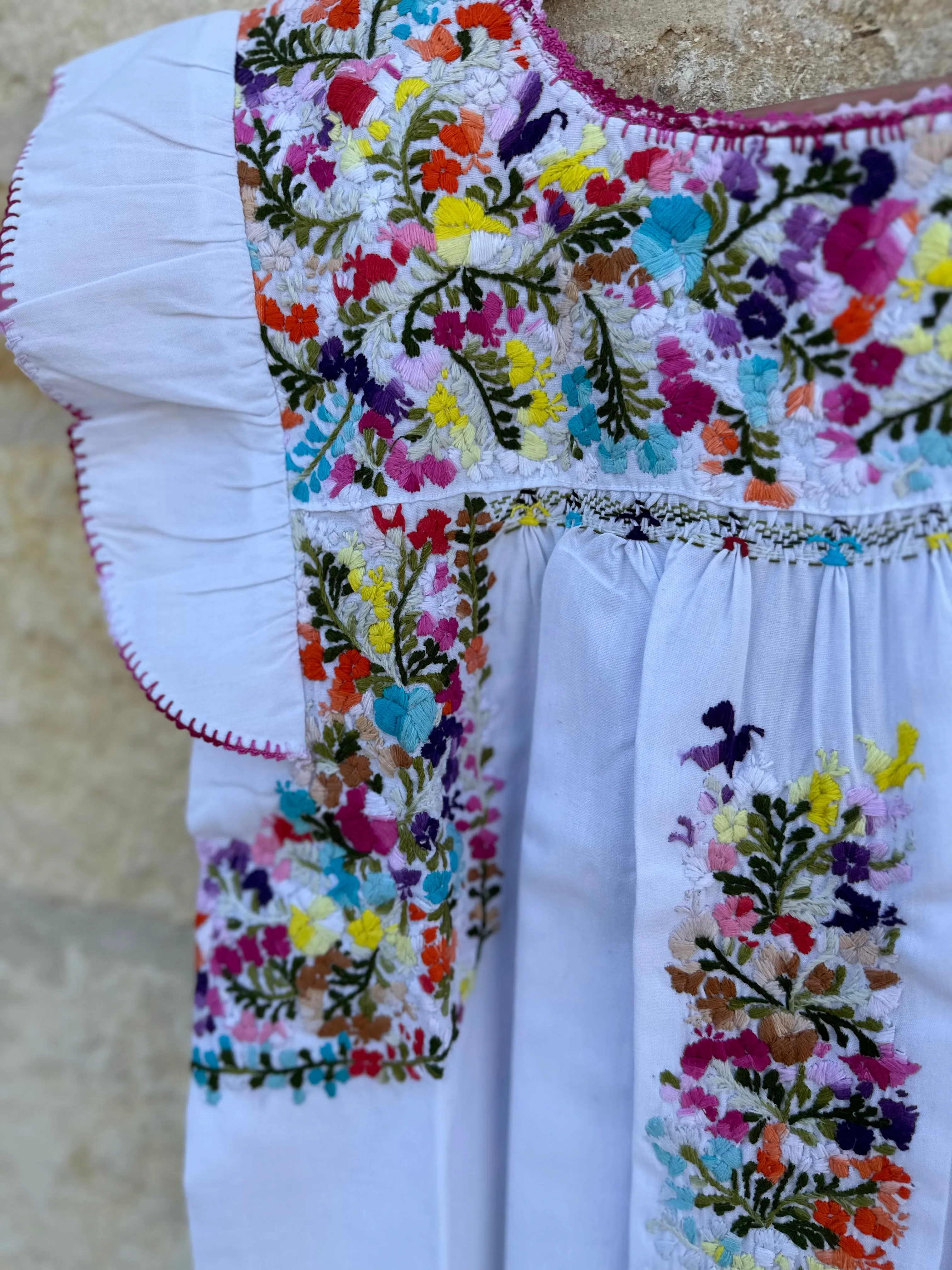 White with Multicolor Embroidery Flutter Sleeve Felicia Midi Dress - S/M