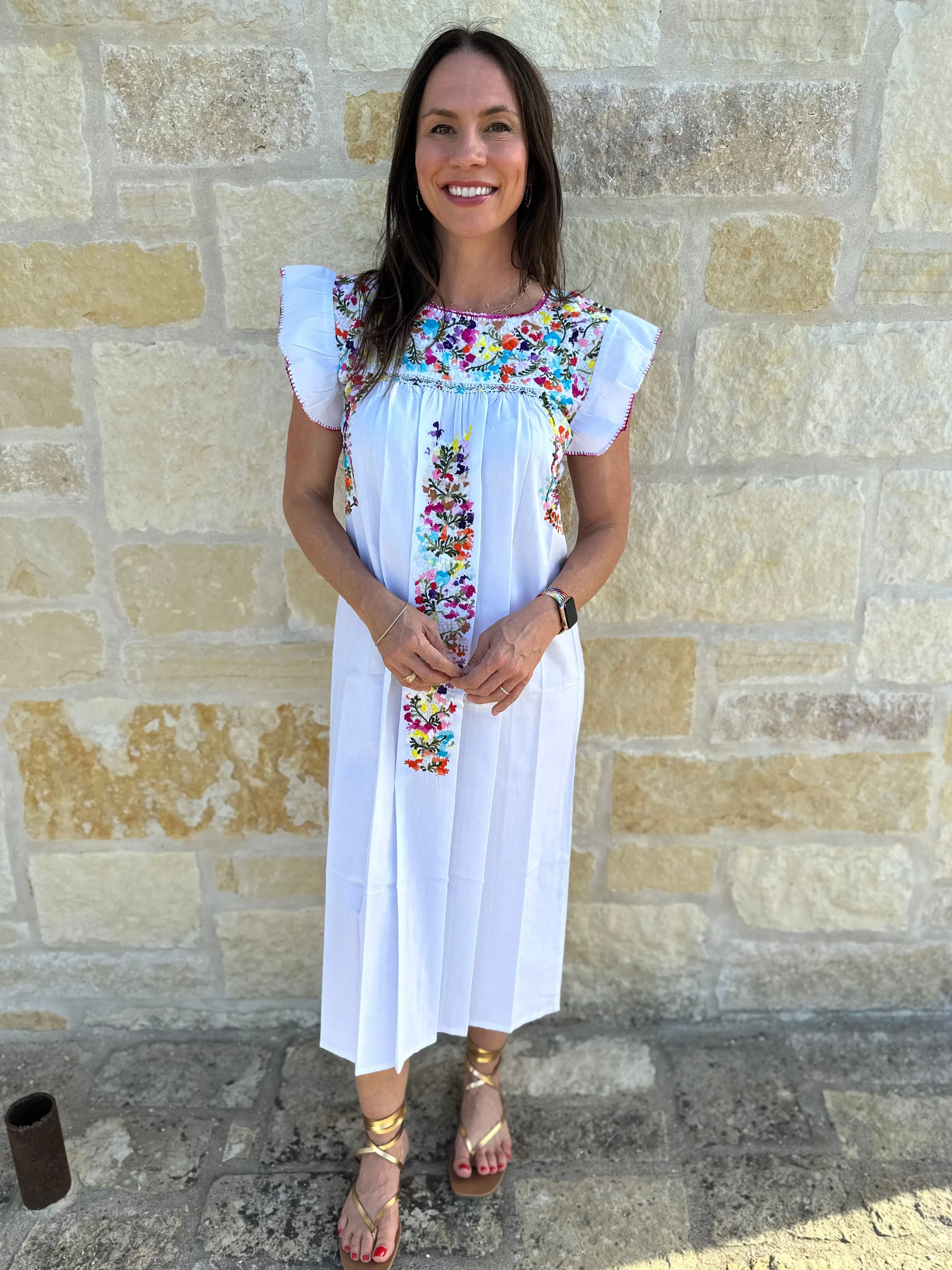 White with Multicolor Embroidery Flutter Sleeve Felicia Midi Dress - S/M