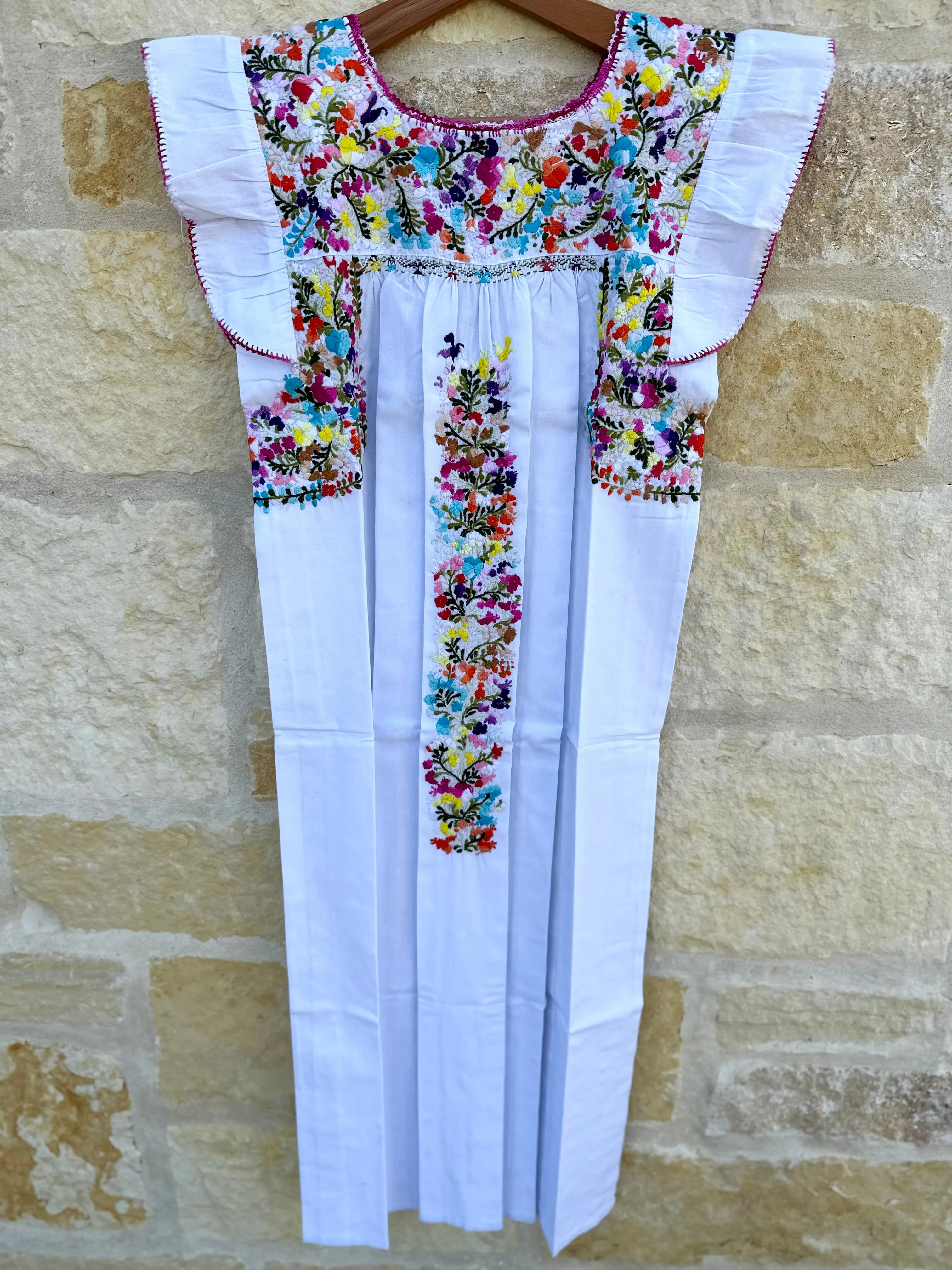 White with Multicolor Embroidery Flutter Sleeve Felicia Midi Dress - S/M