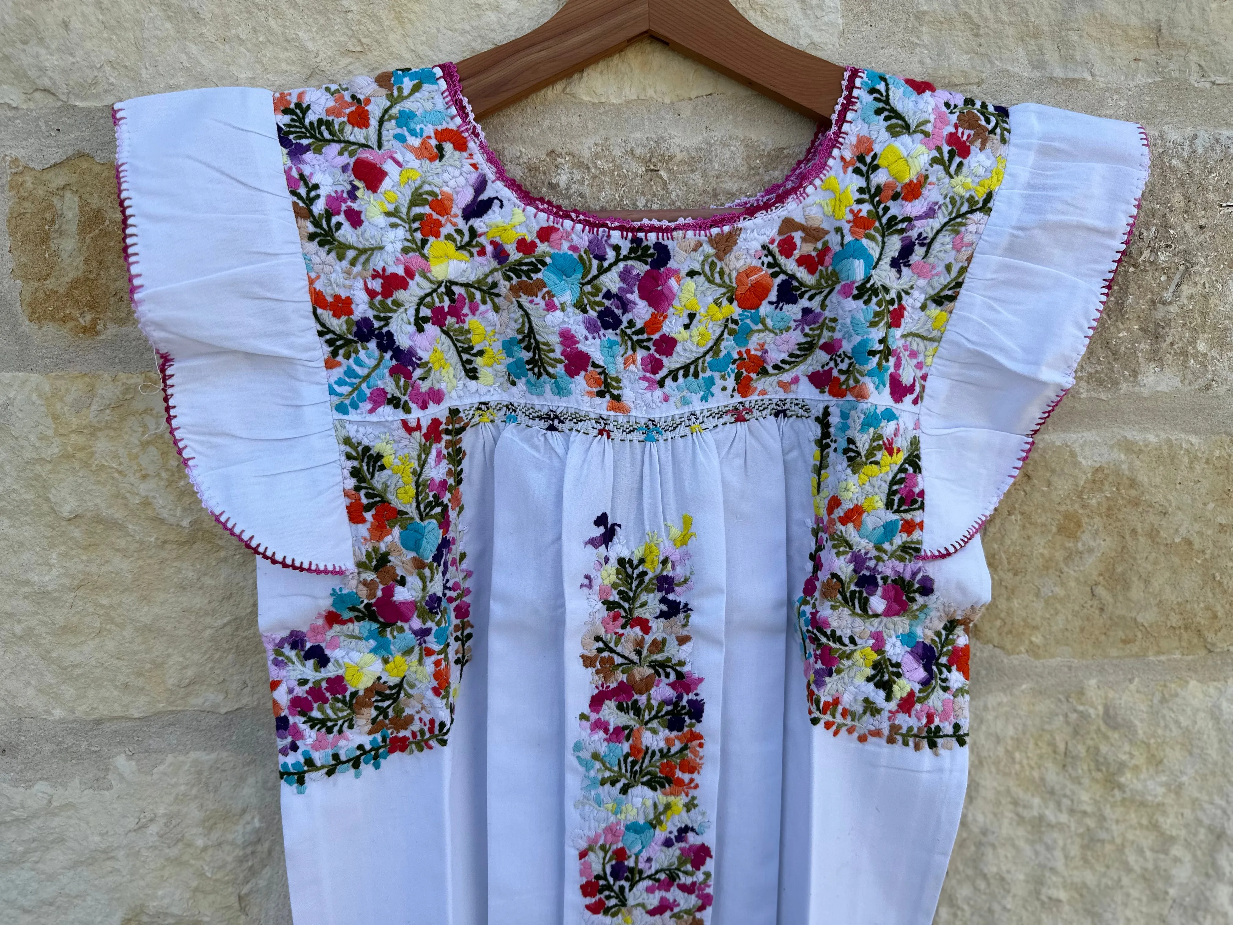 White with Multicolor Embroidery Flutter Sleeve Felicia Midi Dress - S/M
